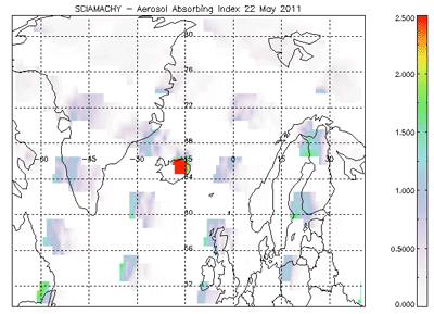 Concentración de aerosoles entre los días 22 y 25 de mayo (SCIAMACHY) Concentración de aerosoles entre los días 22 y 25 de mayo (SCIAMACHY)