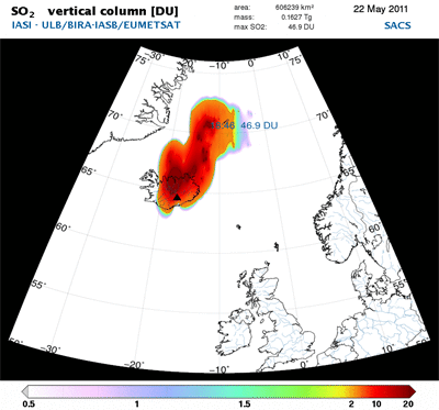Emisiones de dióxido de azufre desde el volcán Grímsvötn Emisiones de dióxido de azufre desde el volcán Grímsvötn , HI-RES Fuente: BIRA/IASB–Belgian Institute for Space Aeronomy