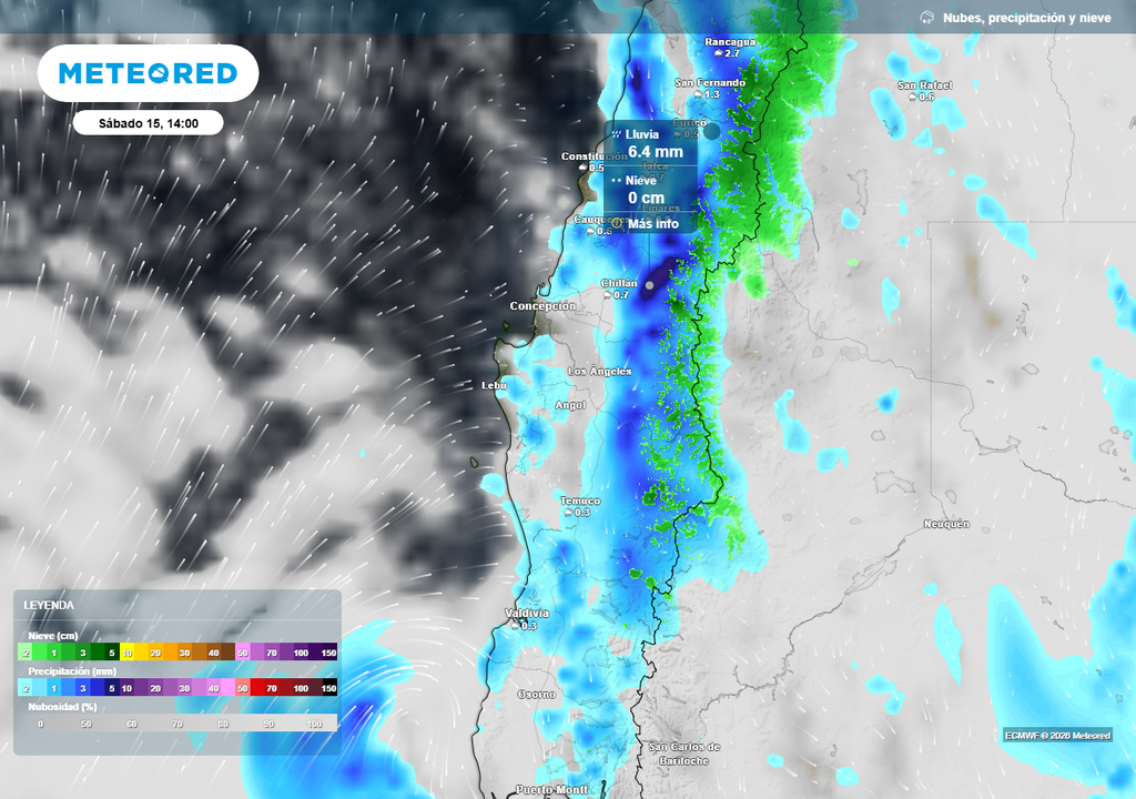 Montos de lluvia de 60 mm y rachas de viento de 80 km/h en Chile centro-sur Precipitación (mm) para la tarde del sábado (15) en Chile centro-sur.