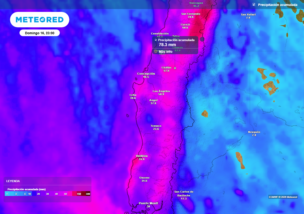 Montos de lluvia de 60 mm y rachas de viento de 80 km/h en Chile centro-sur Precipitación acumulada (mm) hasta la noche del domingo (16) en Chile centro-sur.