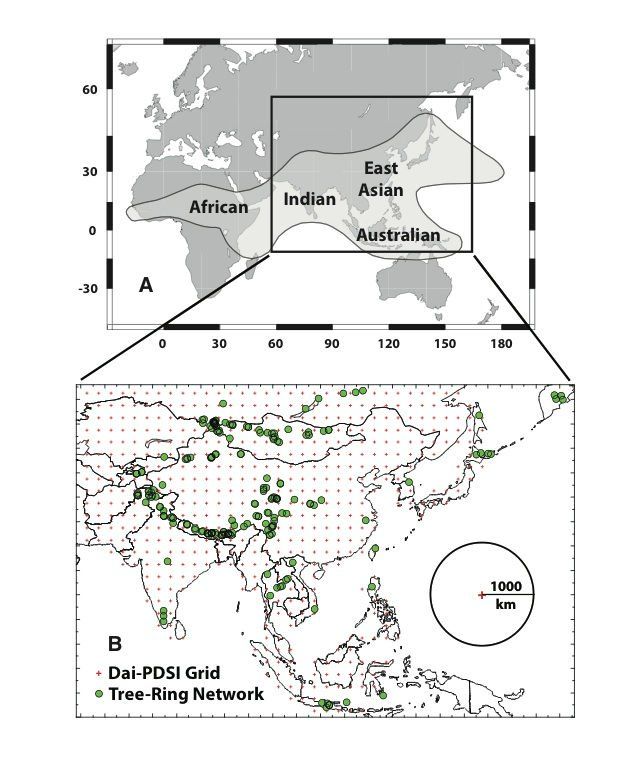Los Volcanes Han Desplazado La Precipitación Asiática Las lluvias monzónicas afectan a zonas muy pobladas del mundo. Los científicos de Lamont han estudiado muchos lugares (puntos verdes) para reconstruir las sequías pasadas.