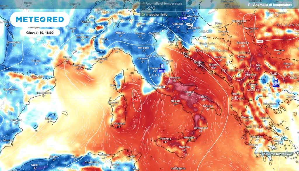 Netta diminuzione di temperature al nord e al centro giovedì, con valori di 4-6°C sotto la media, ma il fronte richiamerà temporaneamente aria calda con ancora temperature molto alte al centro sud