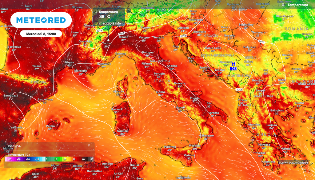 L'ondata di caldo estremo che colpisce la Francia al momento non coinvolge in pieno l'Italia, ma si fa comunque sentire, soprattutto al nordovest: in Piemonte attese massime sui 38-39°C mercoledì.