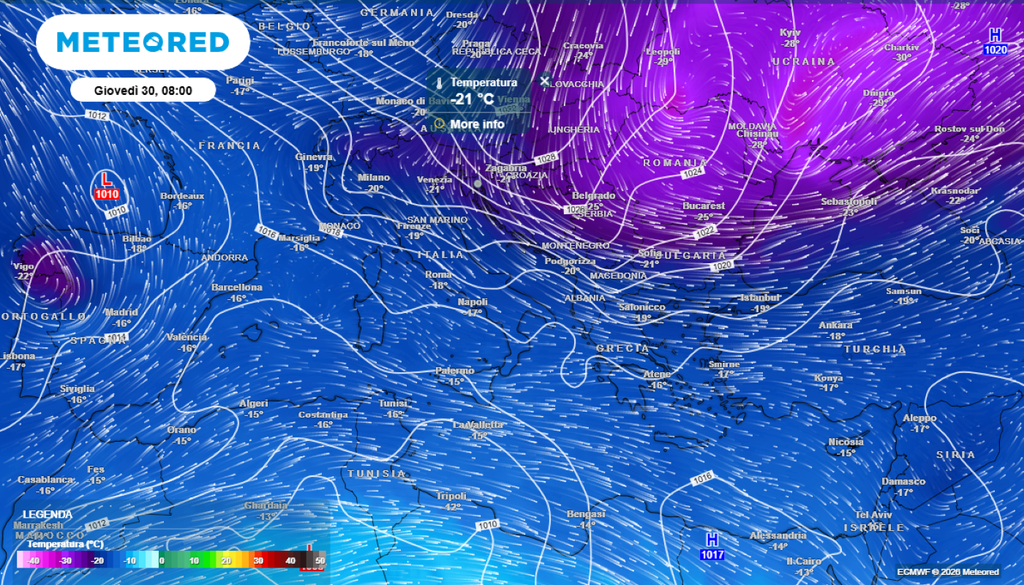 Le isoterme a 500 hPa sono un importante indicatore per prevedere l'instabilità convettiva: in primavera ed estate l'irruzione dei -20°C sull'Italia è indice per la check list di previsione dei temporali. Nella mappa si nota anche la pressione in superficie, con l'anticiclone di blocco in posizione settentrionale, quasi da blocco scandinavo.