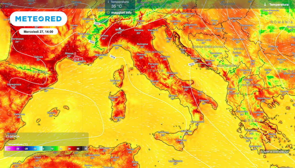 Caldo intenso precoce nei primi giorni della prossima settimana, con picchi di 35°C al nord e localmente al centro.