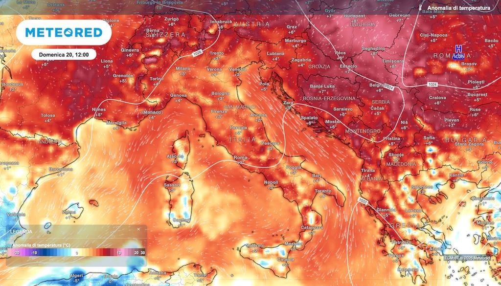 Anomalie termiche previste domenica da ECMWF: la mappa torna rosso, ma sarà solo temporaneo.