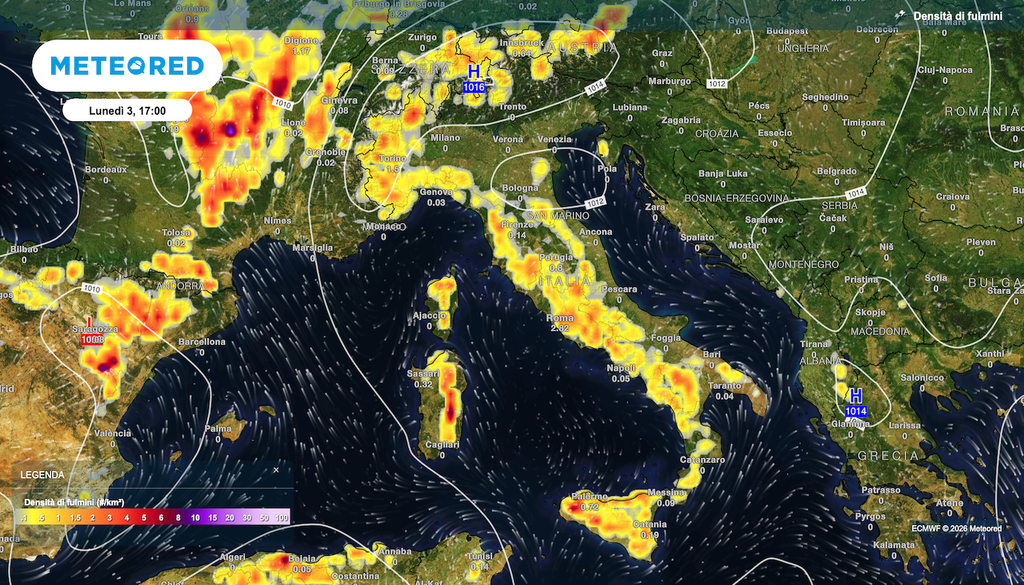Densità di fulmini previsti lunedì pomeriggio da ECMWF, temporali di calore possibili su tutte le dorsali montuose, Alpi, Appennino e anche isole.