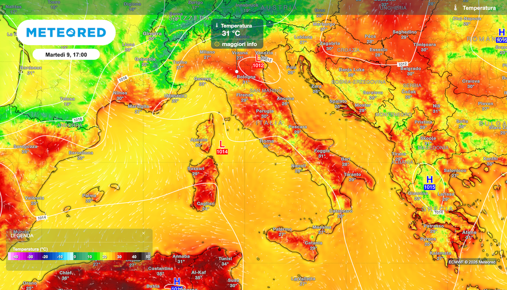 Temperature in aumento, qui la stima ECMWF, nei primi giorni della prossima settimana, ma restano entro limiti più che accettabili di gradevole estate.