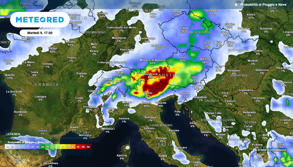 Probabilità di piogge nella notte tra martedì 9 e mercoledì 10 giugno.