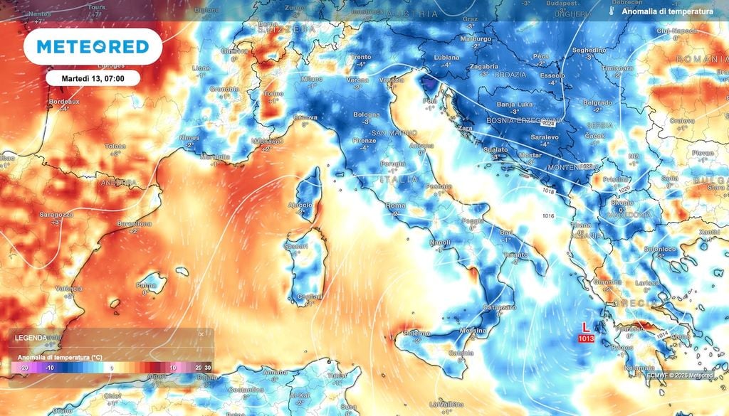 Temperature minime in diminuzione sotto la media di 3-4°C a seguito del veloce fronte freddo in transito a inizio settimana