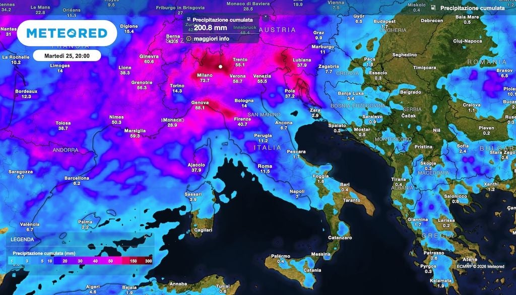 Precipitazioni cumulate fra oggi e martedì 25 agosto: le due perturbazioni porteranno cumuli anche di 200 mm e oltre nelle Prealpi, piogge intense anche in Liguria di levanete.
