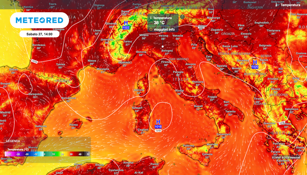ECMWF nel fine settimana stima attualmente temperatura massima sui 38°C, ma in queste condizioni non sono da escludere locali picchi di 40°C