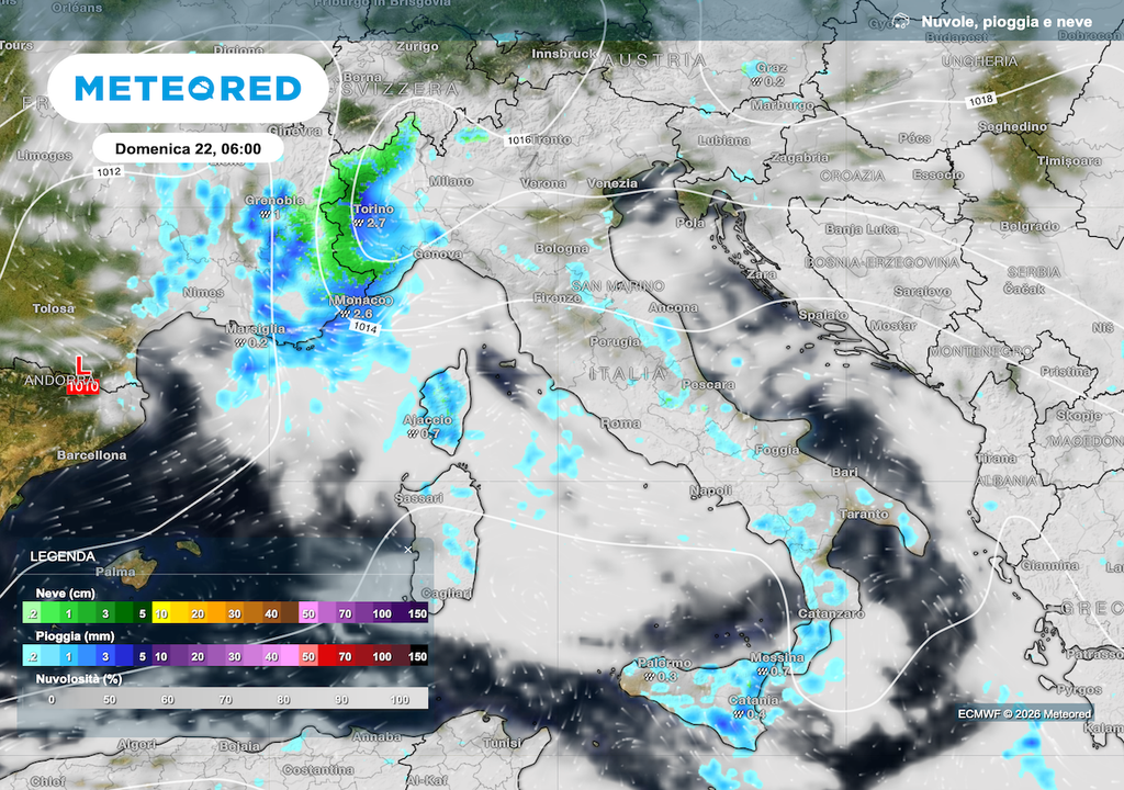Ecco i fenomeni, molto irregolari, previsti domenica 22 marzo alle ore 15 in Italia da ECMWF.