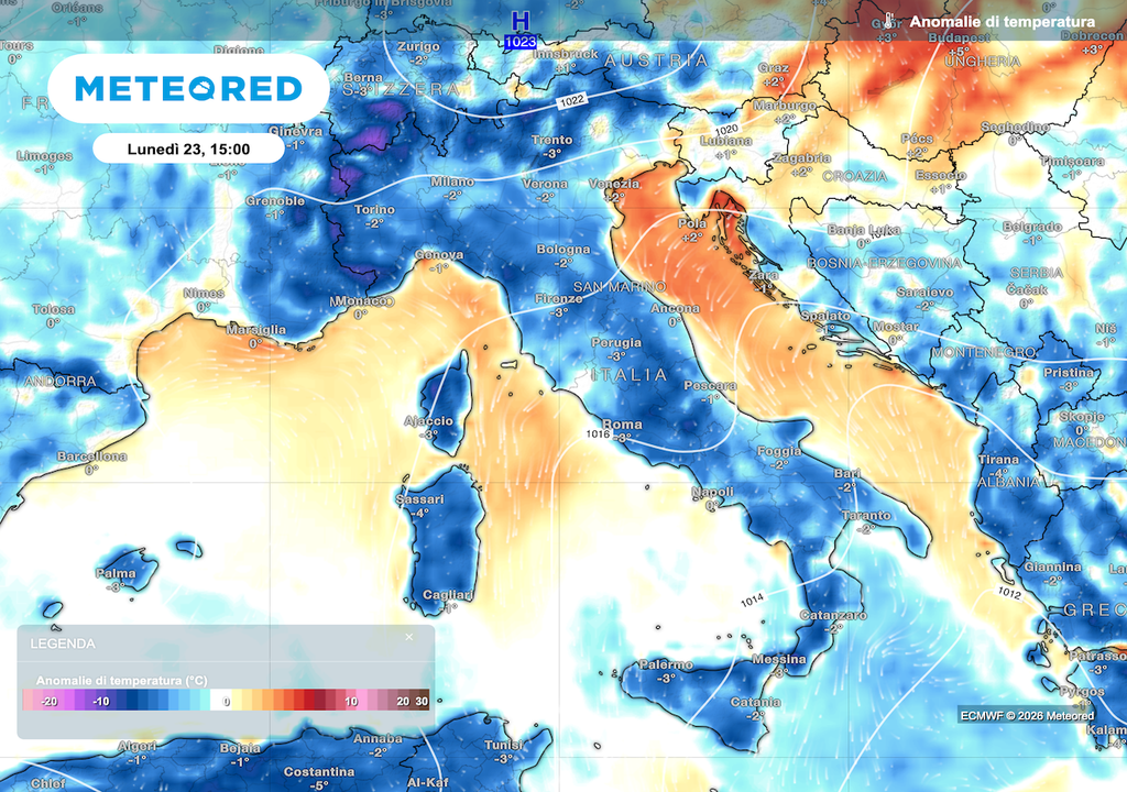 Notevoli sbalzi nelle temperature nei prossimi giorni con marcata escursione termica diurna e repentini cambiamenti da un giorno all'altro. Lunedì pomeriggio ECMWF vede anomalie termine negative in Italia, mentre martedì diventeranno positive quindi con temperature che tornano sopra la media.