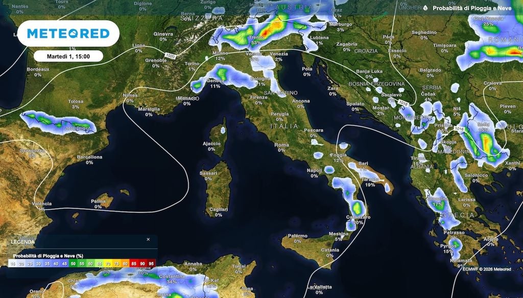 Previsione incerta nei dettagli, ci saranno temporali fra martedì 1 e mercoled' 2 settembre, più che le precipitazioni cumulate è indicativa del rischio la mappa di probabilità di precipitazioni.