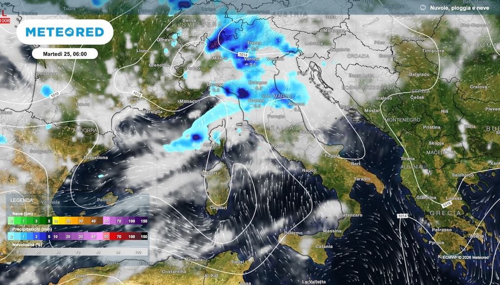 Gli effetti del veloce passaggio frontale previsto nella notte fra lunedì e martedì da ECMWF.