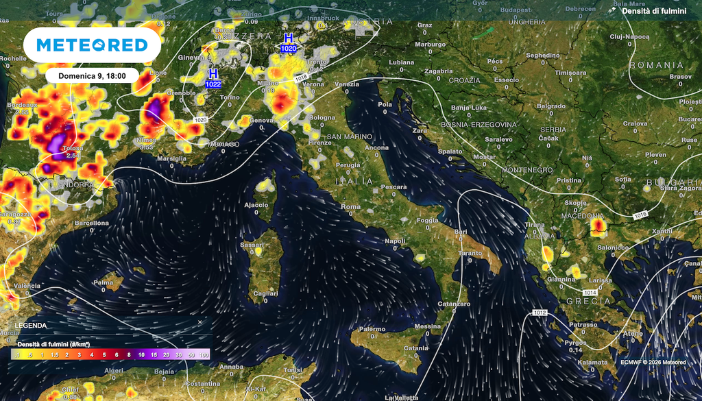 Densità di fulmini prevista nel fine settimana da ECMWF