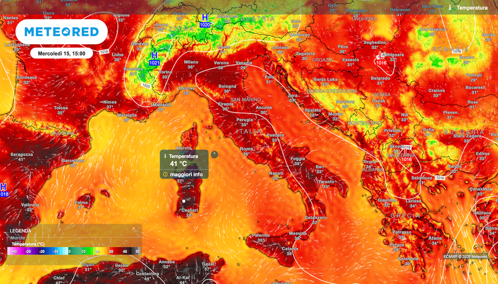 Ecco le temperature previste da ECMWF mercoledì: si commentano da sole, nessuno pittura appositamente di rosso le mappe, questo non è normale caldo estivo ma maltempo da onda di calore.