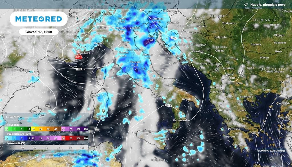 Precipitazioni previste da ECMWF nella giornata di giovedì 16 settembre 2026