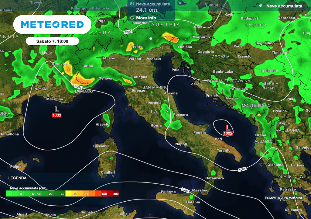 L'unica zona di neve a quote basse è il Piemonte meridionale, dove si accumula aria relativamente più fredda. Nevicate non di grande consistenza ma ripetute imbiancano anche le zone olimpiche. Mappa ECMWF di neve cumulata da oggi al sabato 7 febbraio.