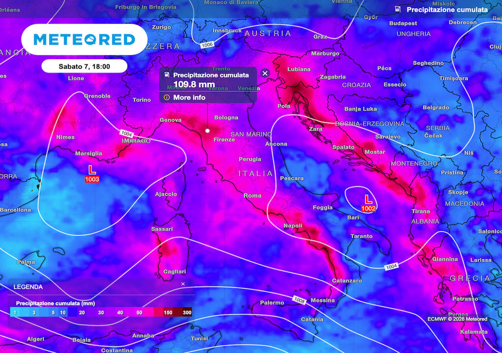 Anche le piogge non sono mai estreme nei singoli episodi, ma il susseguirsi di perturbazioni porta comunque accumuli di una certa rilevanza come si nota dal nostro modello su base ECMWF.