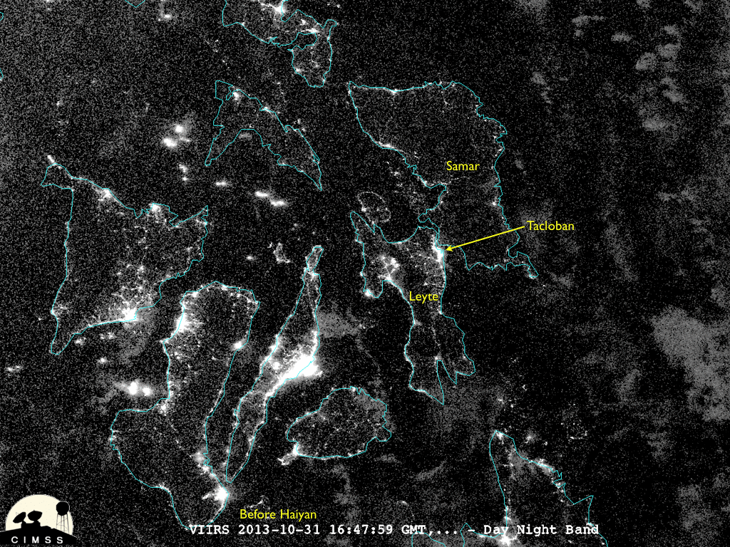 Luces de las ciudades Filipinas antes y después de Haiyan