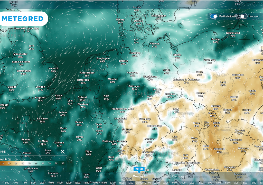 Das ist die Lage heute Abend über Deutschland: Im Norden setzt sich feuchte Meeresluft durch, im Süden bleibt es deutlich trockener – genau dadurch entsteht die spannungsgeladene Situation beim Deutschlandwetter