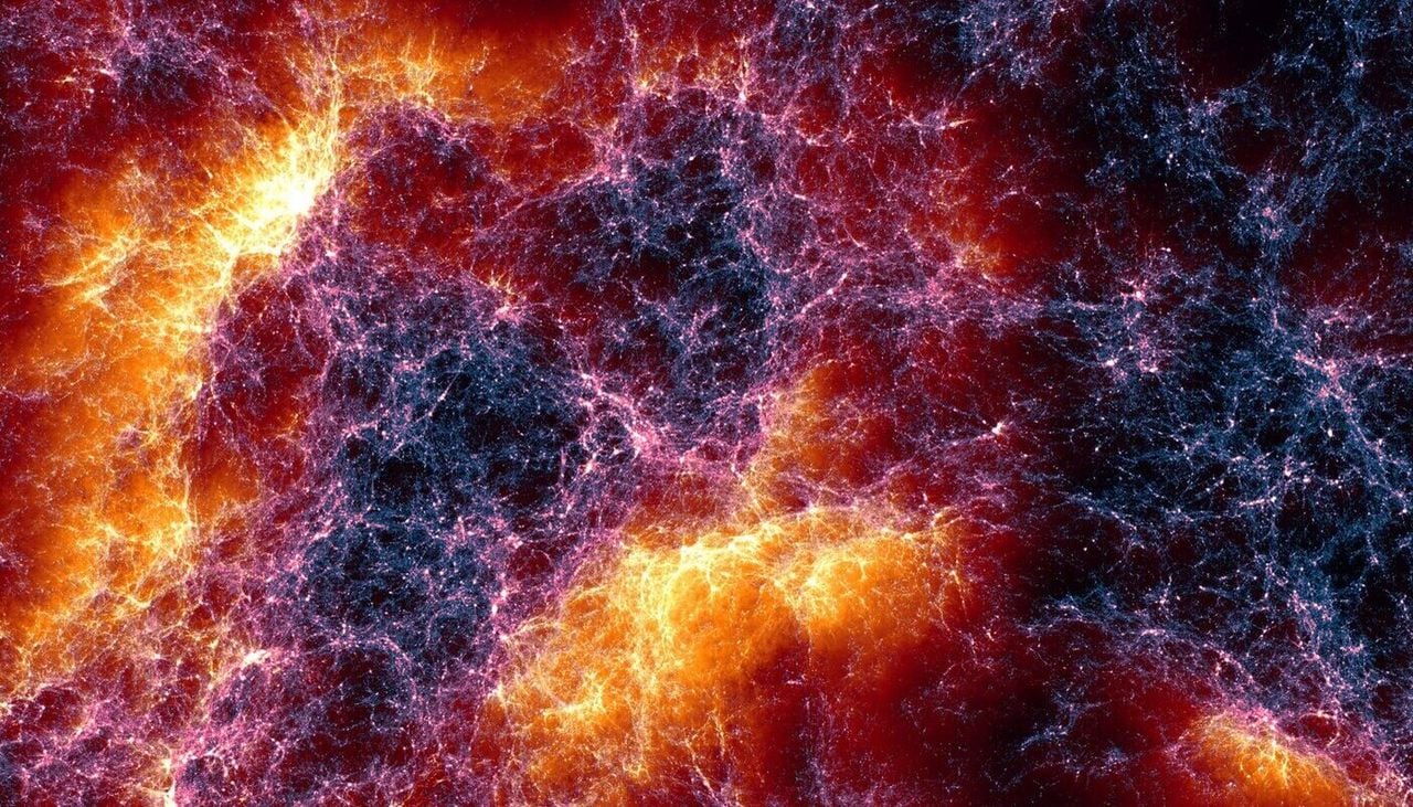 Das kosmische Netz mit einem Durchmesser von 650 Millionen Lichtjahren, erstellt durch Lumina. Die feinen Filamente stellen dunkle Materie dar. Orange- und Gelbtöne zeigen, wo sich Gas zwischen Galaxienhaufen am schnellsten bewegt. Bild: O. Zier/Center for Astrophysics | Harvard & Smithsonian