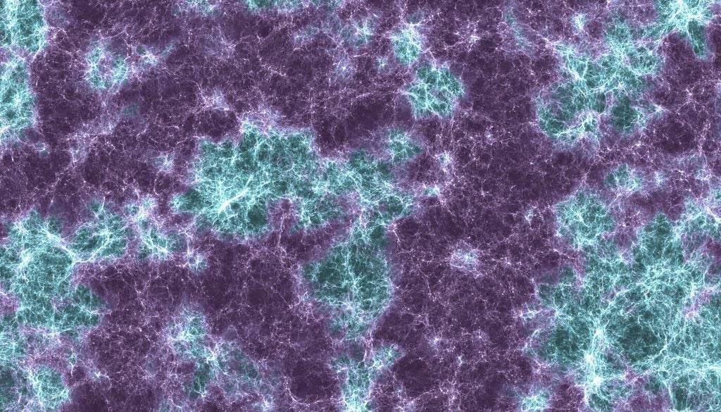 Das von Lumina simulierte kosmische Netz, das zeigt, wo sich Helium im frühen Universum in seine heutige Form verwandelt hat (cyanfarbene Bereiche). Das von Lumina simulierte kosmische Netz, das zeigt, wo sich Helium im frühen Universum in seine heutige Form verwandelt hat (cyanfarbene Bereiche). Bild: O. Zier/Center for Astrophysics | Harvard & Smithsonian