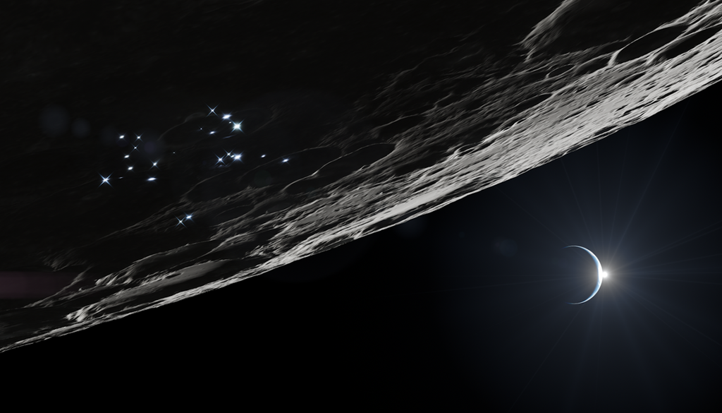 Representación artística del polo sur lunar, con puntos luminosos que simbolizan instalaciones para operaciones humanas y robóticas. Crédito: NASA.