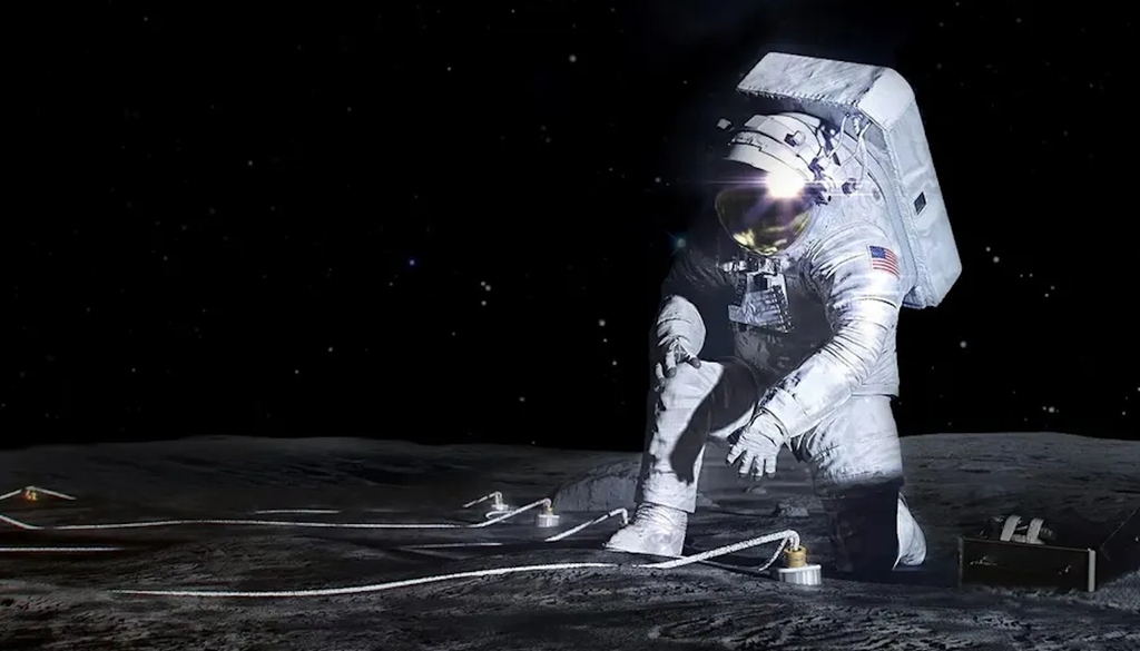 Representación artística de un astronauta de la misión Artemis mientras instala un instrumento científico sobre la superficie lunar. Crédito: NASA.