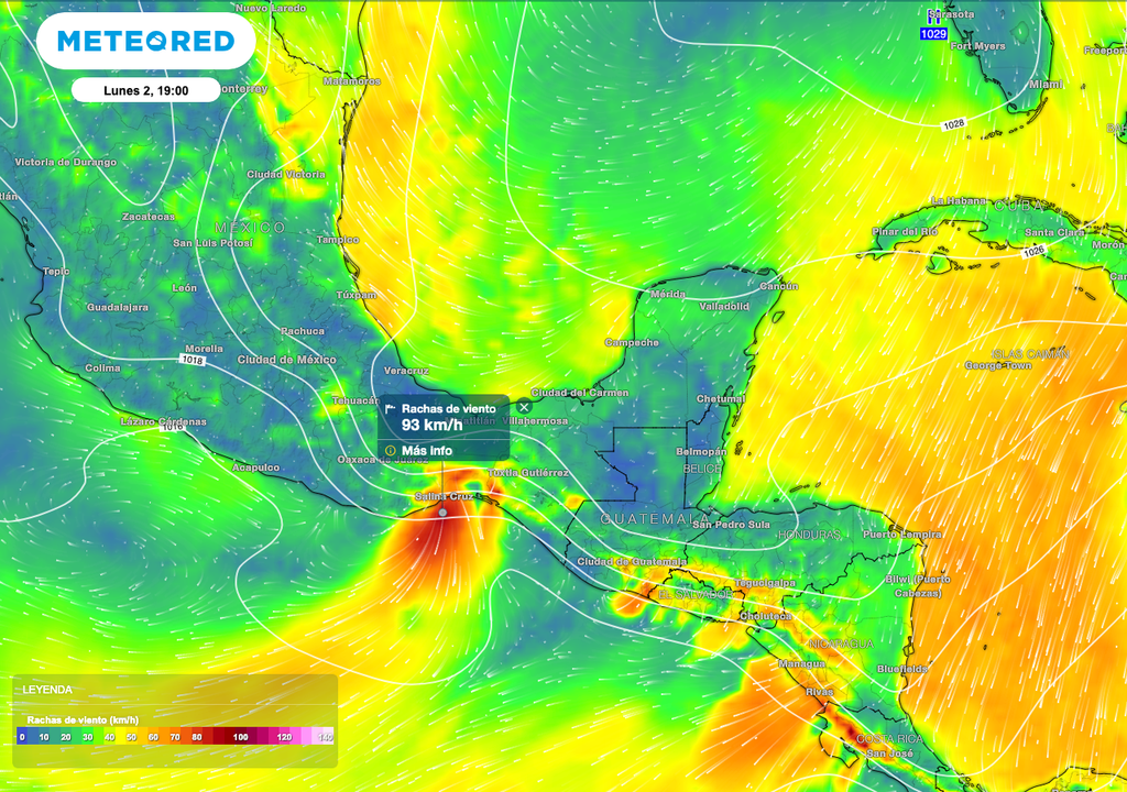 Los vientos más fuertes, son las rachas de 90 a 100 km/h que se registran en el Istmo y Golfo de Tehuantepec que contempla a los estados de Oaxaca y Chiapas.