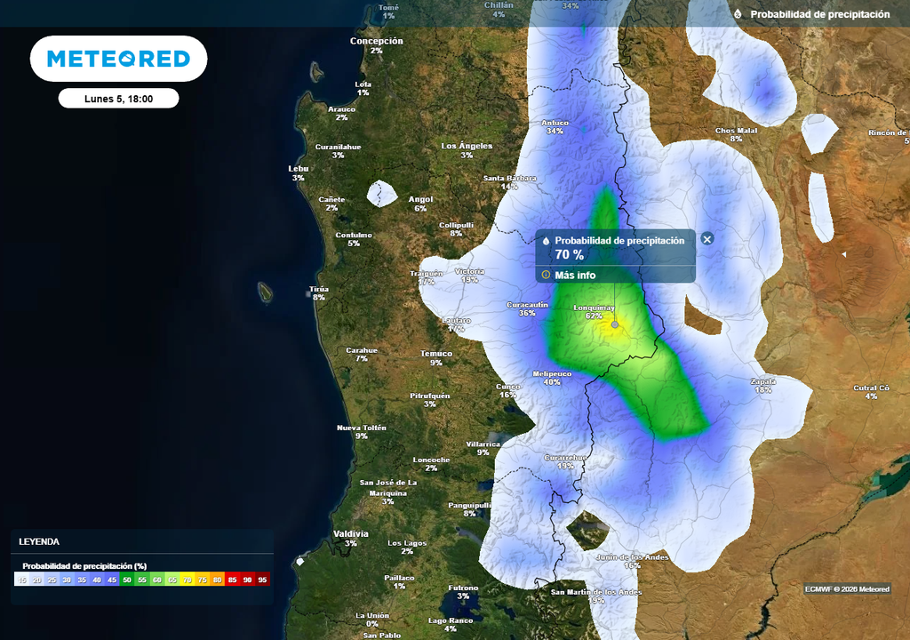 Pronóstico lunes enero 2026 en Chile centro sur, Meteored