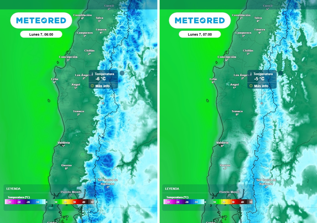 Lluvias llegarían la próxima semana a Chile centro-sur Temperatura mínima (°C) para el lunes (07) en Chile centro-sur. Pronóstico del ECMWF (imagen izquierda) y del GFS (imagen derecha).