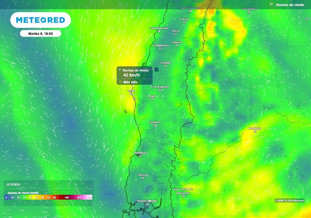 Lluvias llegarían la próxima semana a Chile centro-sur Rachas de viento (km/h) para la tarde del martes (08) en el centro-sur de Chile.