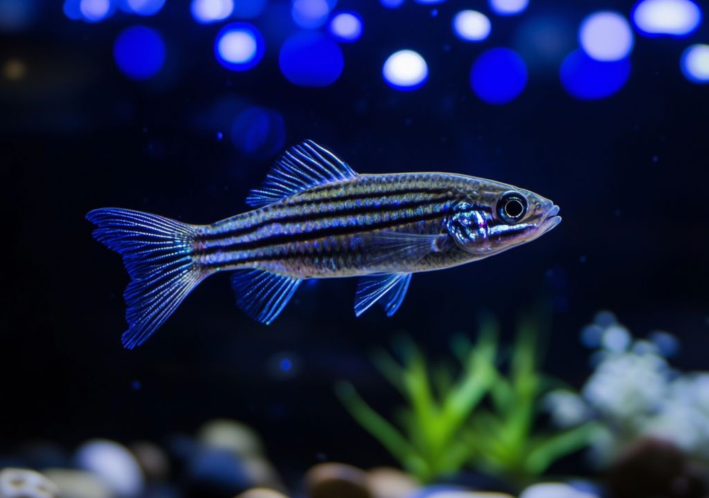 Peixe-zebra em aquário com luzes azuis.