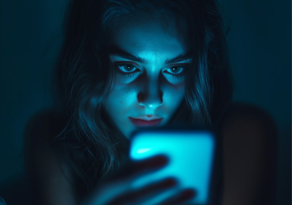 Mulher com dispositivo eletrônico emitindo luzes azuis.