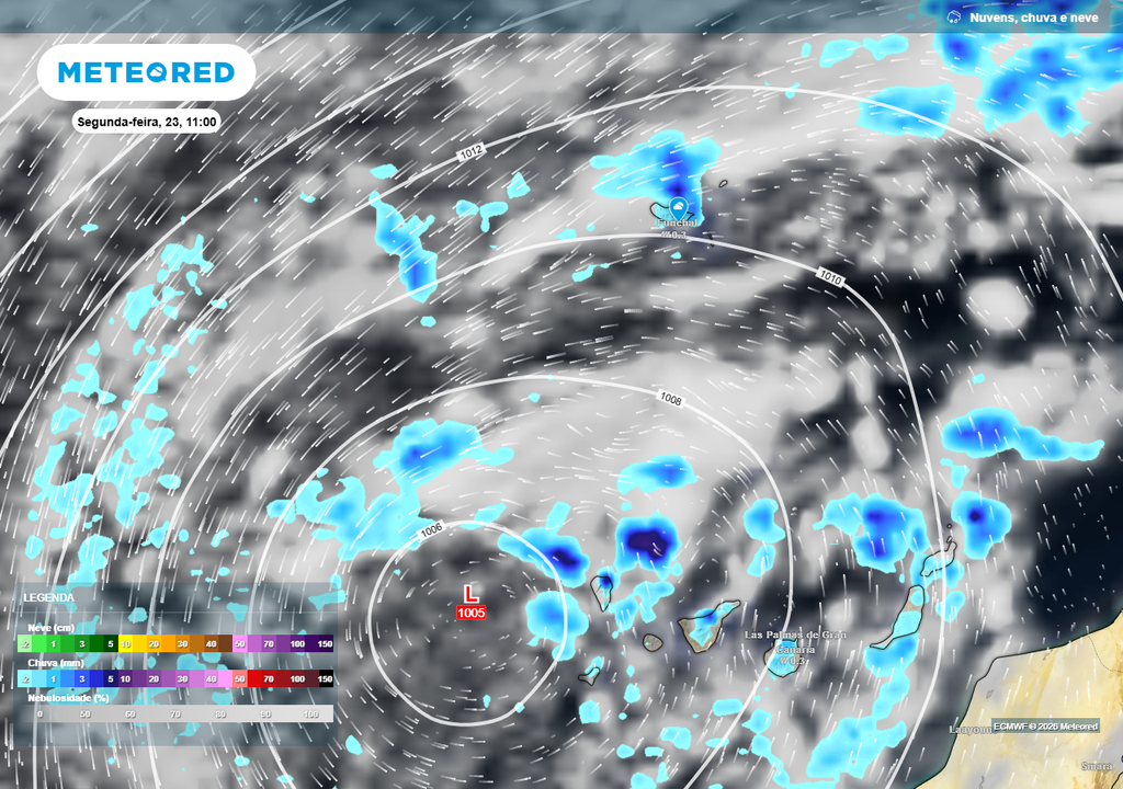 Segunda-feira (23) e terça-feira (24) os vestígios da baixa pressão Therese manterão alguma instabilidade sob a forma de aguaceiros no arquipélago da Madeira.