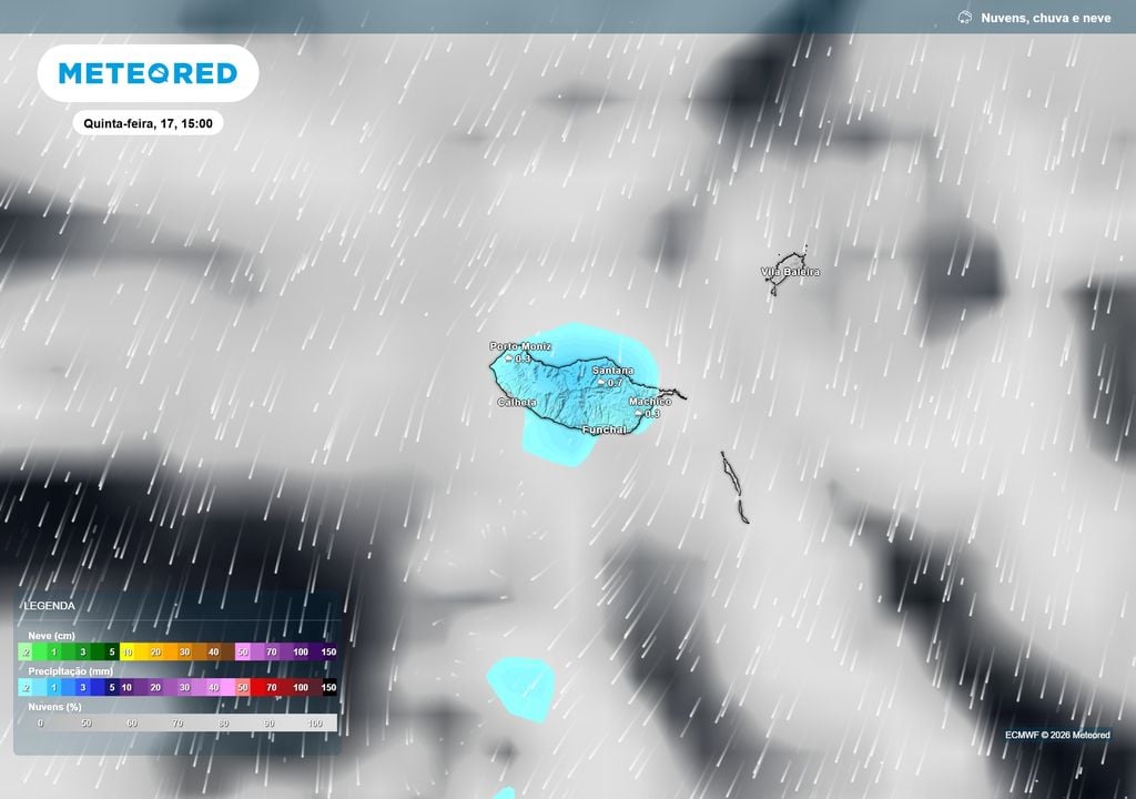 Precipitação Madeira A chuva deverá começar pela vertente norte da Madeira, associada a maior nebulosidade, podendo alcançar outros pontos da ilha com o decorrer da tarde.
