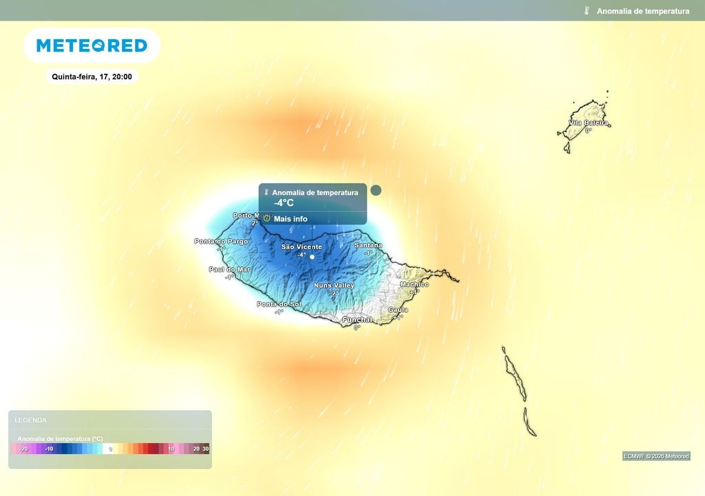Grande parte da Madeira terá temperaturas ligeiramente abaixo do habitual (principalmente durante a noite), com anomalias negativas que poderão atingir cerca de -4 ºC na vertente norte.