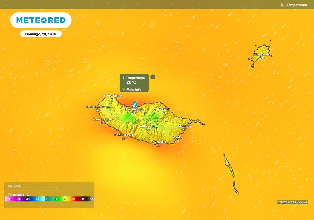 Temperatura Madeira No domingo prevê-se uma ligeira subida das temperaturas na Madeira, sobretudo na vertente norte, onde São Vicente poderá aproximar-se dos 28 ºC.