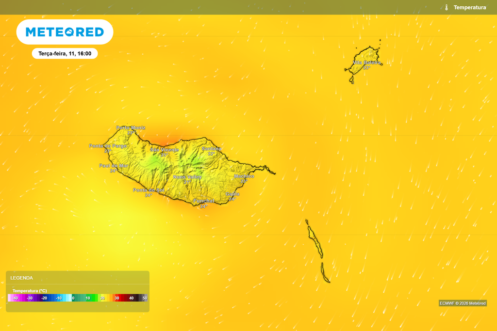 Temperatura (terça-feira, 11 de agosto, 16h) Temperatura prevista para as 16h de terça-feira. Os valores deverão permanecer elevados nas zonas costeiras da Madeira e em Porto Santo, mantendo-se inferiores nas áreas de maior altitude.