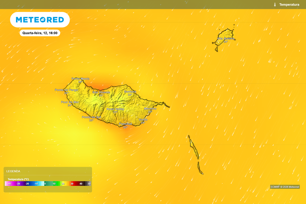 Temperatura (quarta-feira, 12 de agosto, 16h) Temperaturas previstas para a tarde de quarta-feira, 12 de agosto. O Funchal poderá atingir cerca de 25 ºC, mantendo-se valores elevados em várias zonas costeiras.