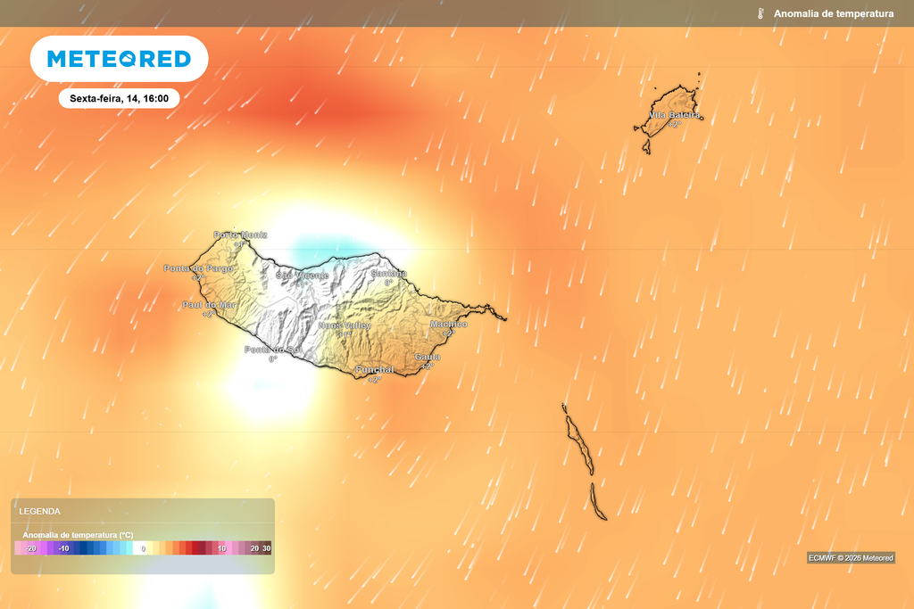 Anomalia de temperatura (sexta-feira, 14 de agosto, 16h) Anomalia da temperatura prevista para a tarde de sexta-feira. O modelo ECMWF mantém desvios positivos em vários setores do arquipélago, reforçando a persistência de temperaturas acima do habitual depois do período atualmente abrangido pelo aviso.