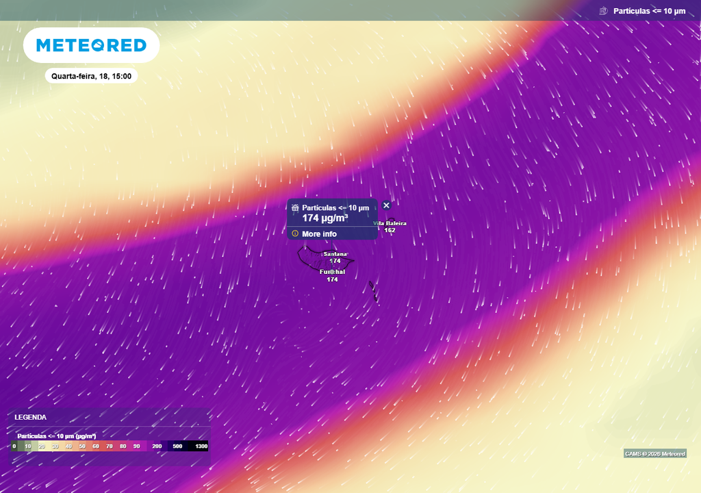 Caso as atuais previsões se mantenham, a concentração de partículas PM10 atingirá o seu pico na quarta-feira, 18 de fevereiro.