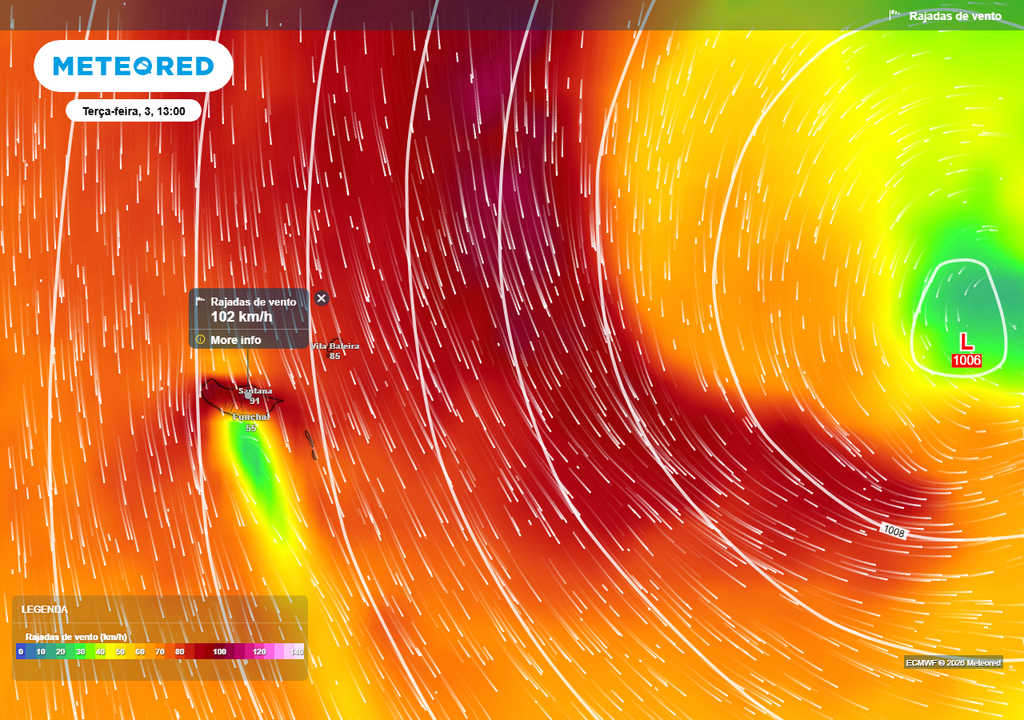Rajadas de vento previstas para o início da tarde de terça-feira, 3 de março, segundo o modelo Europeu.