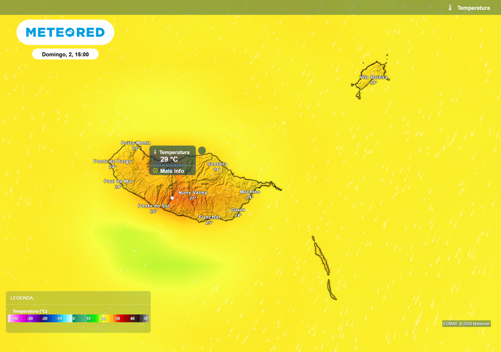 temperatura do ar à superfície As Regiões Montanhosas e a Costa Sul da Madeira encontram-se sob aviso amarelo de tempo quente, de acordo com o IPMA.