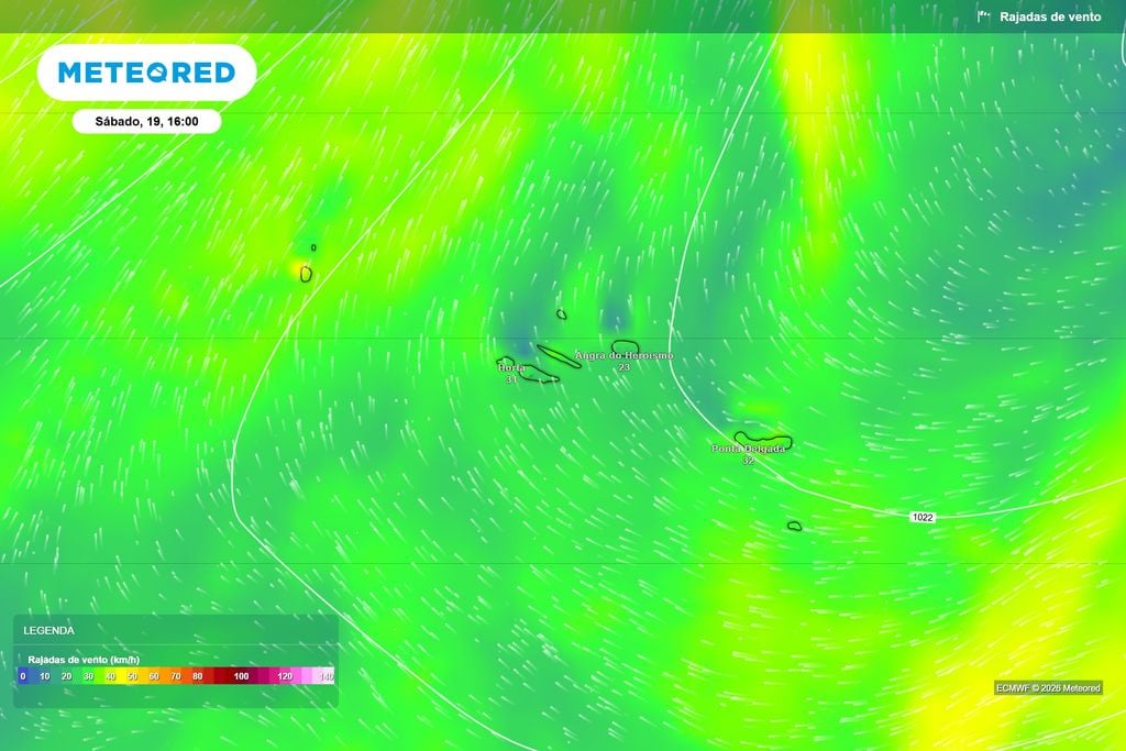 Vento poderá ganhar alguma intensidade nos Açores no sábado As projeções do ECMWF apontam para algum reforço das rajadas durante o sábado, embora sem sinais, para já, de vento particularmente severo.