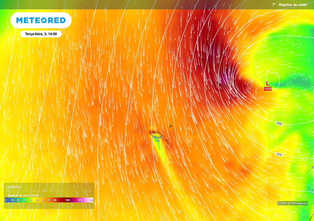 Rajadas de vento previstas para terça-feira à tarde, podendo atingir até 120 km/h nas terras altas da Madeira, devido ao forte gradiente de pressão associado à depressão Regina.