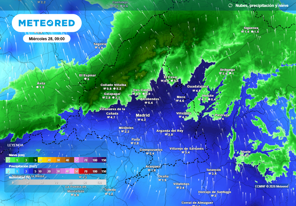 Las precipitaciones más cuantiosas se prevén mañana por la mañana en la Comunidad de Madrid, con nevadas importantes en la sierra.